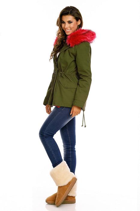 Parka with fur khaki pink