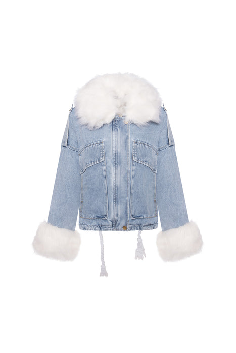 Jeans jacket with faux fur oversized style light blue white