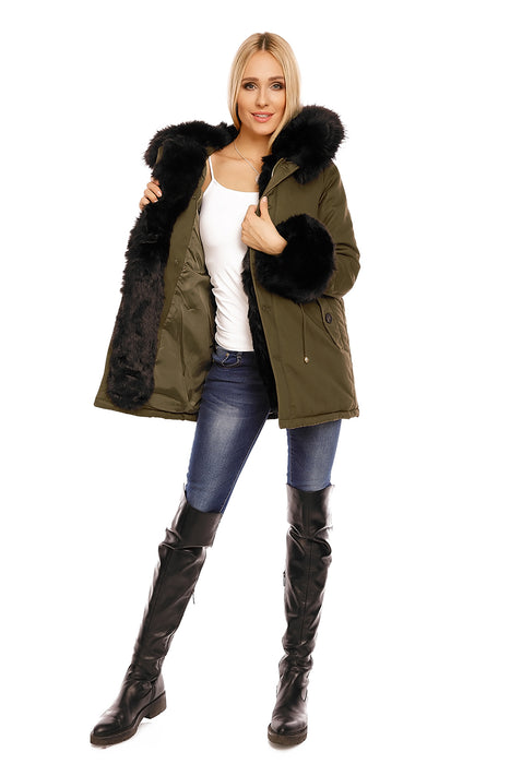 Winter jacket parka with faux fur fur khaki black