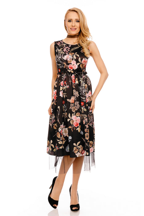 Etui Cocktail Kleid im Peticoat Stil Flower Print Schwarz-Mulicolor