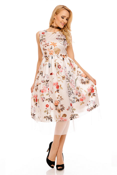 Etui Cocktail Kleid im Peticoat Stil Flower Print Weiß-Mulicolor