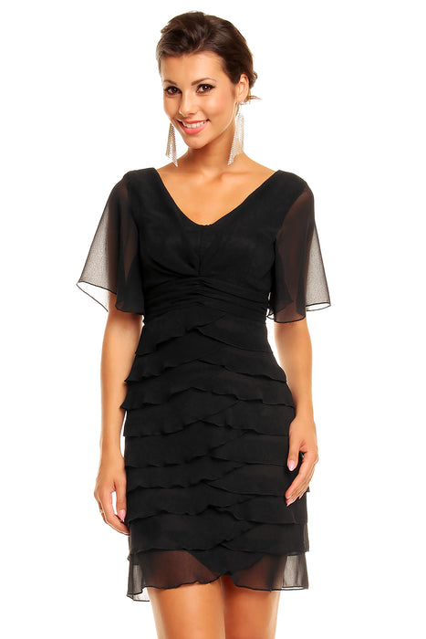 Chiffon layered mini dress with V-neck black elegant