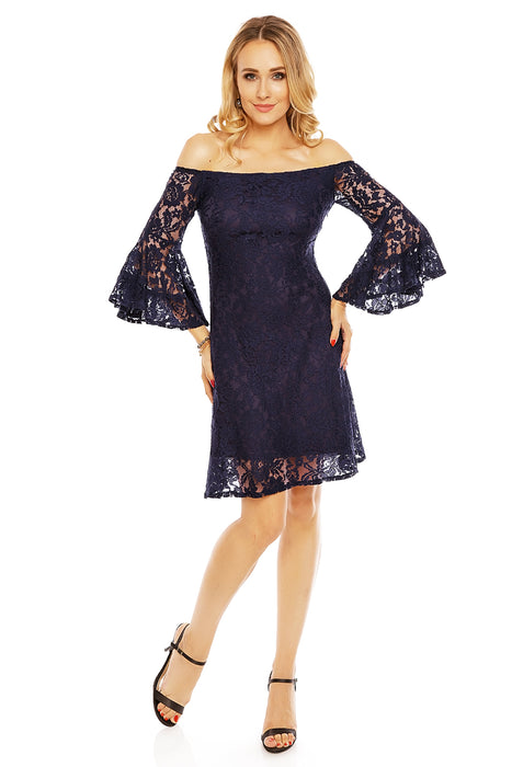 Lace Mini Dress Blue Carmen Neckline