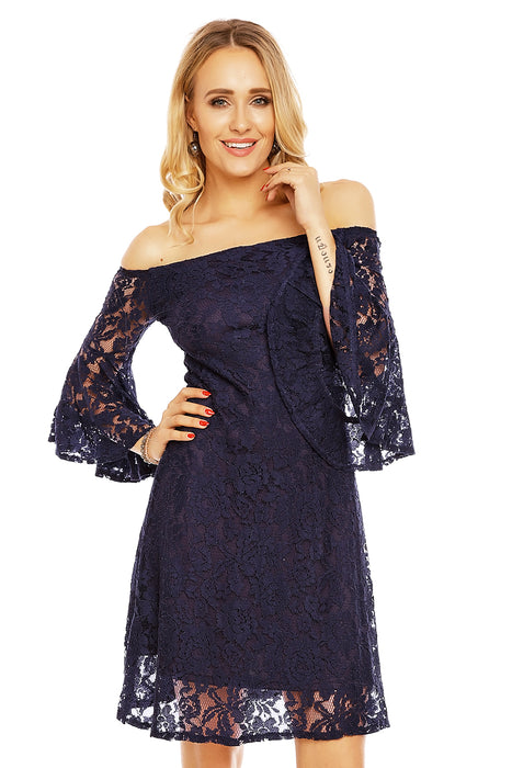 Lace Mini Dress Blue Carmen Neckline