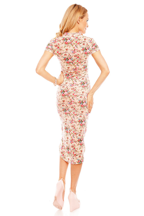 Midi dress with flower print bodycon style pink-multi