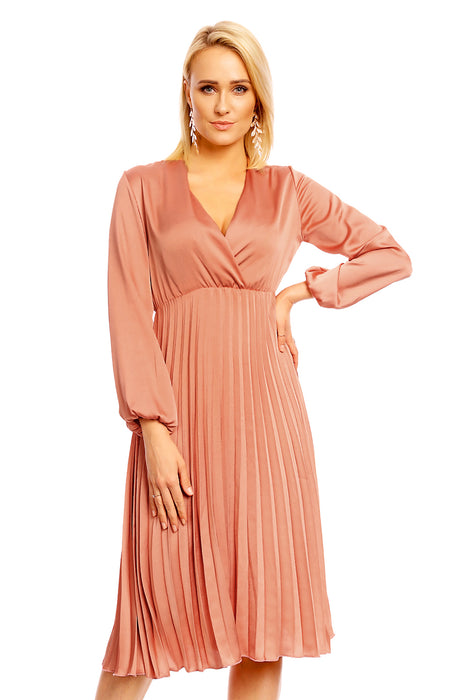 Pleated midi dress with V-neck long sleeve gold