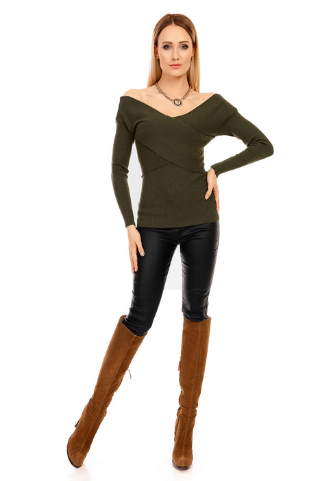 Knitted sweater with Carmen neckline wrap look green